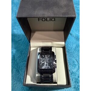 Folio Mens Black Rectangular Dial Watch Textured Metal Link Bracelet with Box